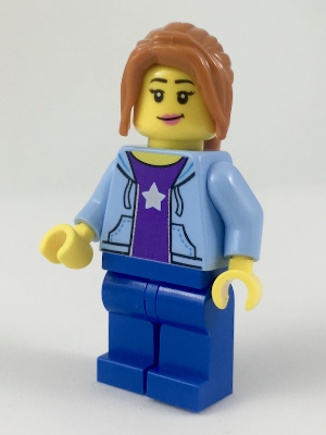 LEGO Minifigure-Hiker, Female, Bright Light Blue Hoodie over Dark Purple Star Shirt-Town / City / Recreation-cty911-Creative Brick Builders